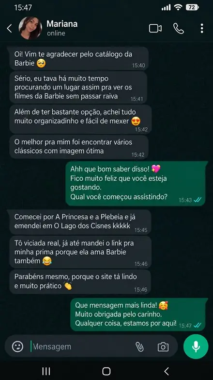 Print de conversa com cliente elogiando o acervo