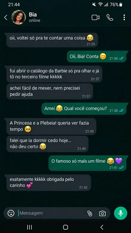 Print de conversa com cliente elogiando o acervo