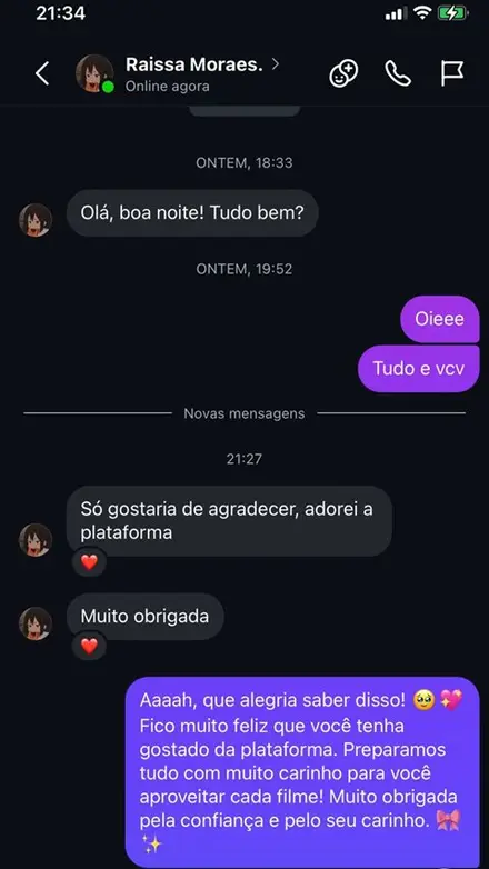 Print de conversa com cliente elogiando o acervo